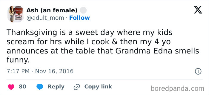 Tweet about a chaotic Thanksgiving, kids screaming, and a funny comment about Grandma, reflecting hilarious Thanksgiving moments.