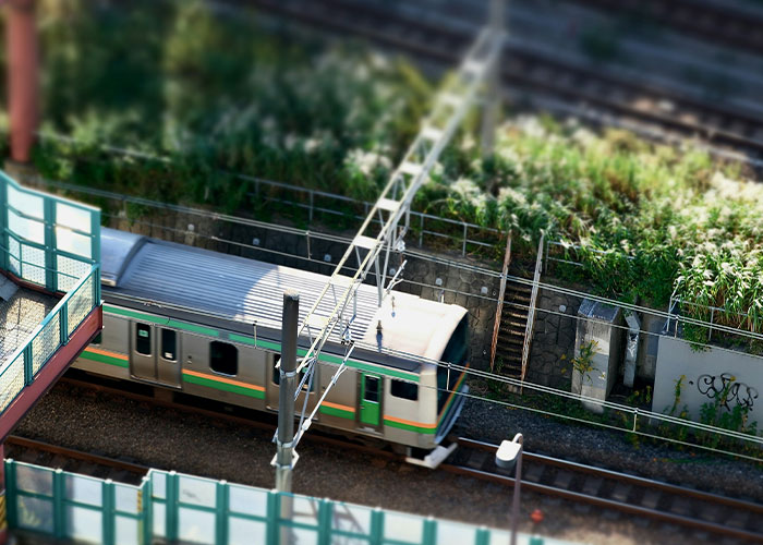 Aerial view of a train on tracks surrounded by greenery, illustrating intriguing facts about transportation.