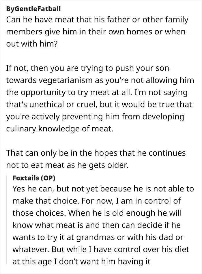 Text exchange about vegetarian mom's concerns over family feeding baby meat.