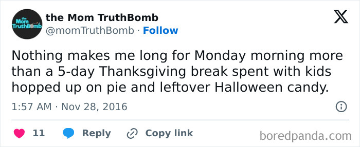 Tweet about a parent's Thanksgiving break humor involving pie and leftover Halloween candy.