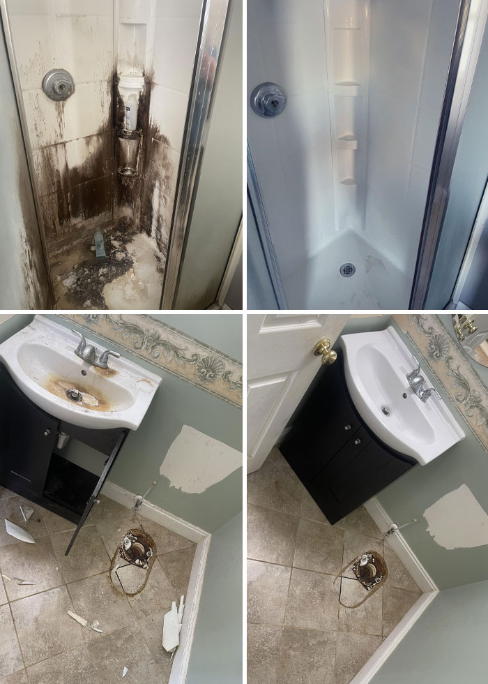 Before-and-after-cleaning pictures showing a shower and sink transform from dirty to spotless.