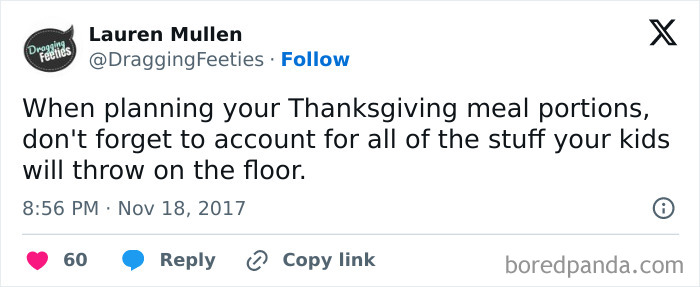 Tweet about Thanksgiving meal planning humorously mentioning kids throwing food on the floor.