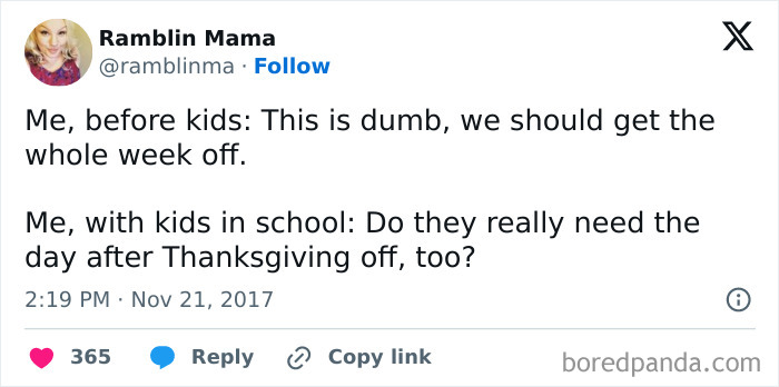 Funny tweet about Thanksgiving, before and after having kids, discussing school holidays.