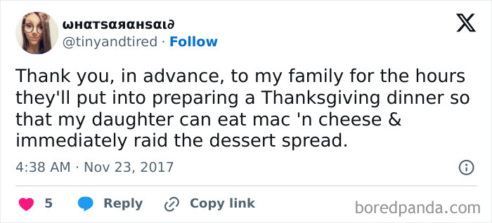 Hilarious Thanksgiving tweet about a daughter's love for mac 'n cheese and desserts over the holiday dinner preparation.