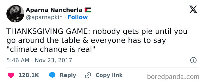 Tweet about a Thanksgiving game where pie is withheld until everyone acknowledges climate change.