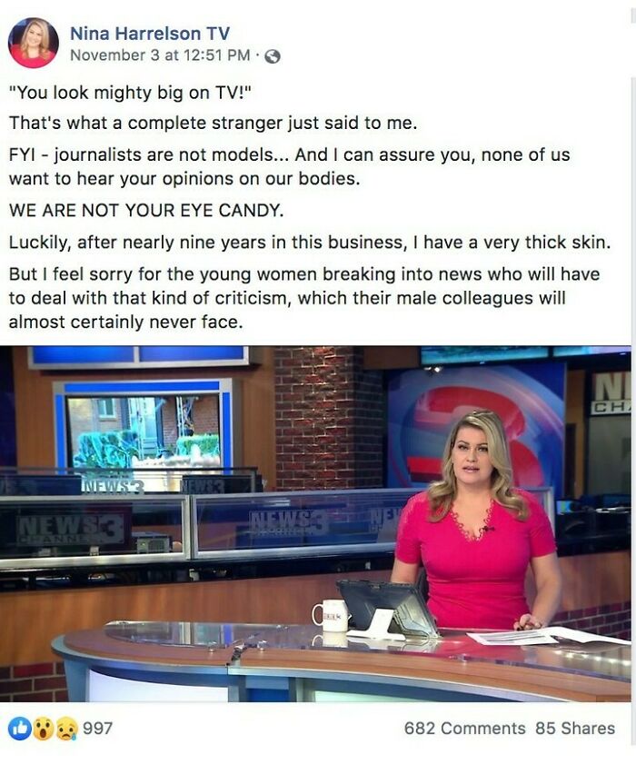 News anchor at a desk addressing challenges women face in media, highlighting real-life experiences.