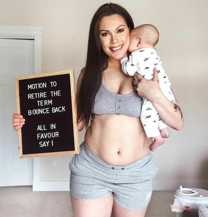 Woman holding a baby and a sign about retiring the term "bounce back" in real life settings.