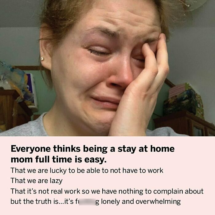 Woman showing emotion with her hand on her face, text about challenges of being a stay-at-home mom. Women-In-Real-Life-Pics.