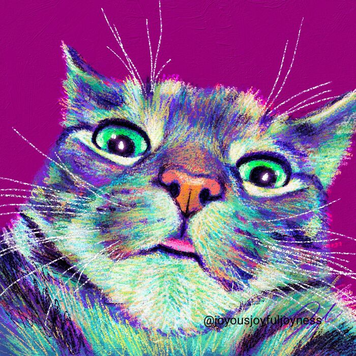 Vibrant close-up painting of a colorful cat with bright green eyes and bold strokes on a purple background.