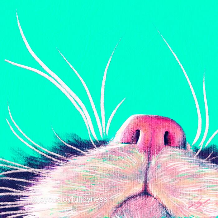 Close-up vibrant cat painting with a focus on the pink nose and whiskers against a turquoise background.