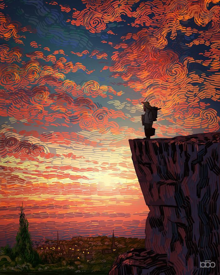 Artist's vibrant illustration of a figure on a cliff under a Van Gogh-inspired, swirling sunset sky.