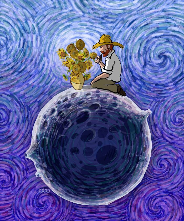 Illustration of an artist inspired by Vincent van Gogh, kneeling beside sunflowers on a swirling blue and purple background.