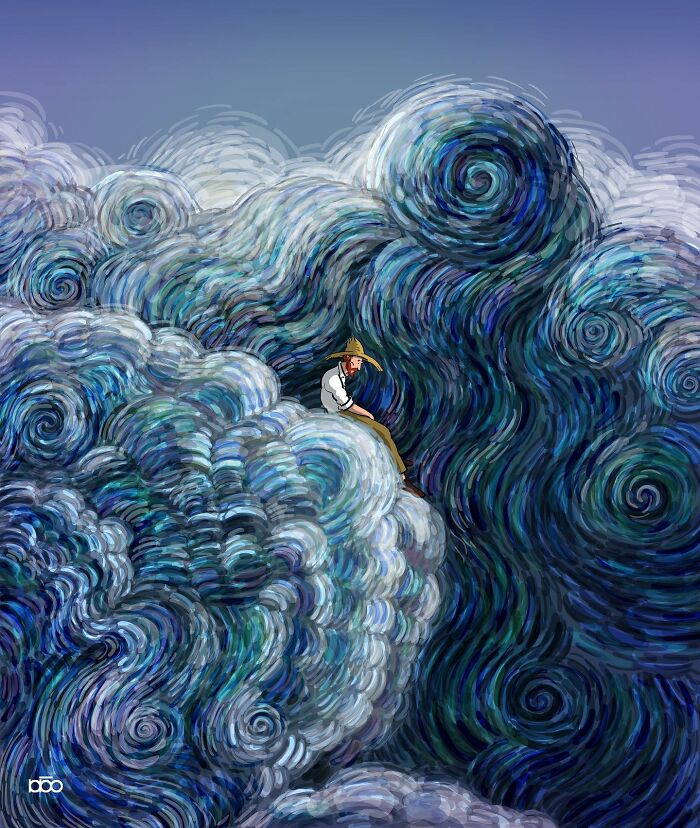 Colorful illustration of an artist sitting on swirling clouds, capturing the essence of van Gogh's story.