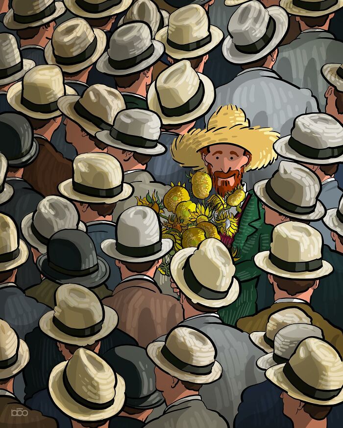 Illustration of a crowd in hats with one colorful figure holding sunflowers, depicting van Gogh’s story through art.