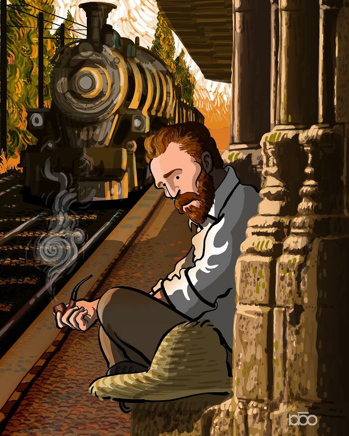 Colorful illustration of artist sitting by train tracks, evoking Vincent van Gogh’s story in vivid hues.