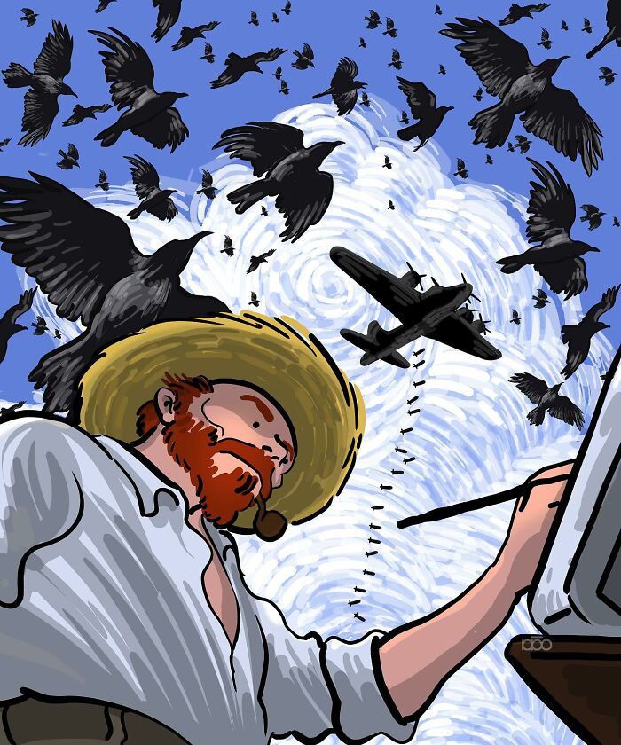 Artist illustrates Vincent van Gogh painting outdoors with birds in a vibrant, dynamic scene.