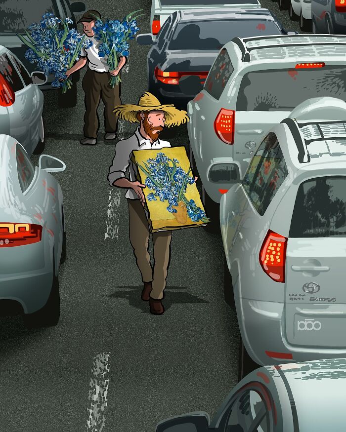 Artist depicts a Vincent van Gogh-inspired scene in vibrant colors amidst a modern traffic setting.