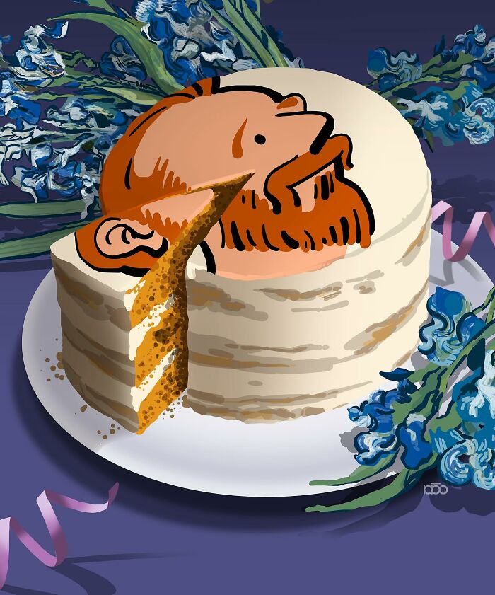 Illustration of a cake with Vincent van Gogh's face, surrounded by blue flowers and ribbons, showing vibrant colors.