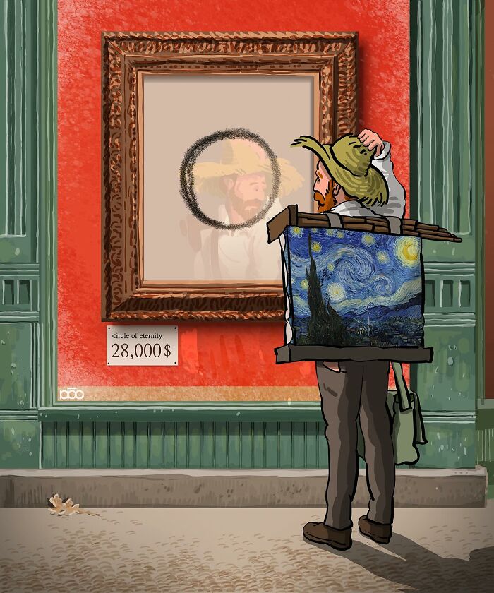 Illustration of an artist viewing a framed painting, reflecting Van Gogh's style with vibrant colors and powerful imagery.