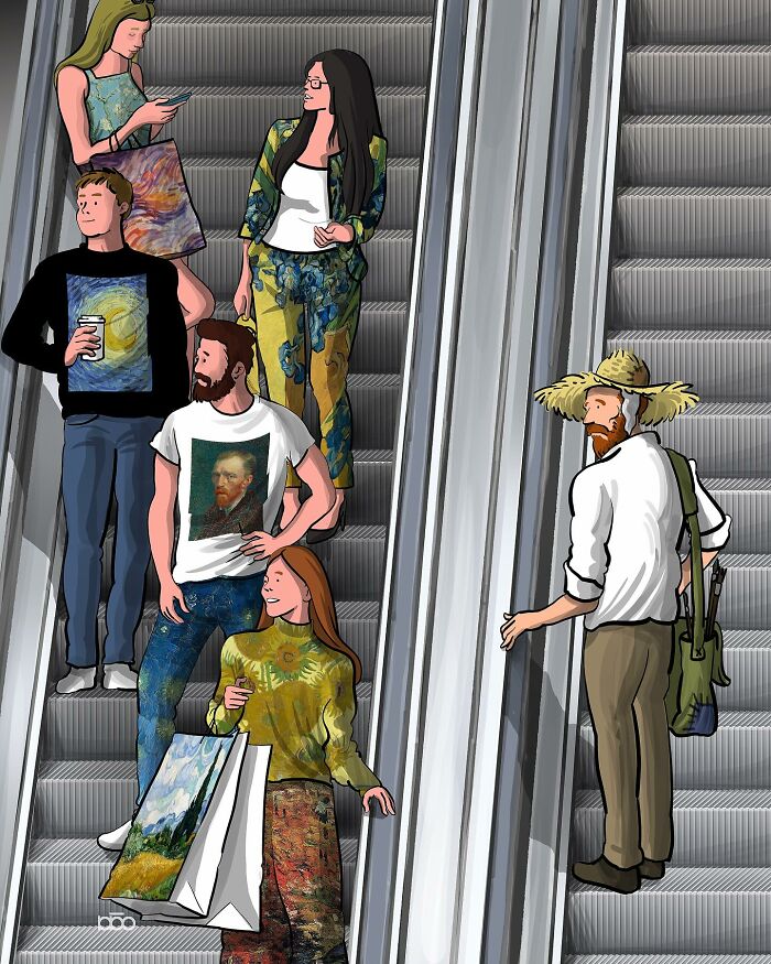 People on escalators wearing clothes with colorful Van Gogh-inspired designs, including Starry Night and self-portraits.