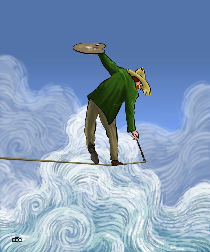 Artist interprets Vincent van Gogh, balancing on swirling clouds, with a palette in hand, in a colorful illustration.