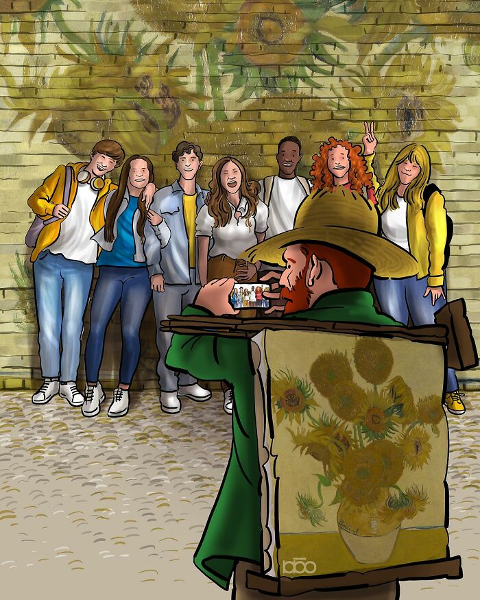 Illustration of an artist capturing a group photo against a sunflower mural, inspired by Vincent van Gogh's vibrant style.