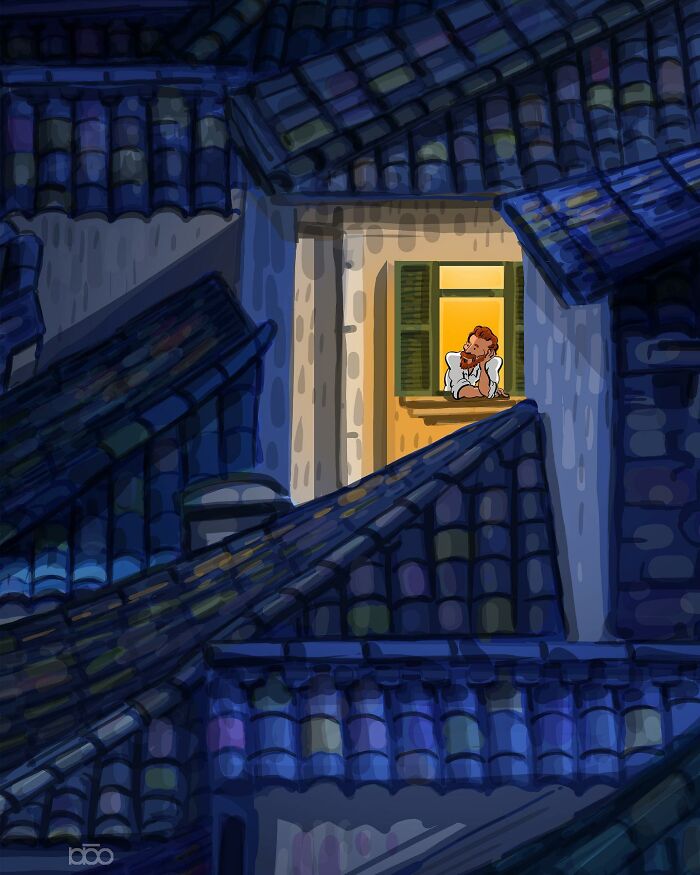 Colorful illustration of an artist inspired by Vincent van Gogh, depicted leaning out of a window amid blue-tiled rooftops.