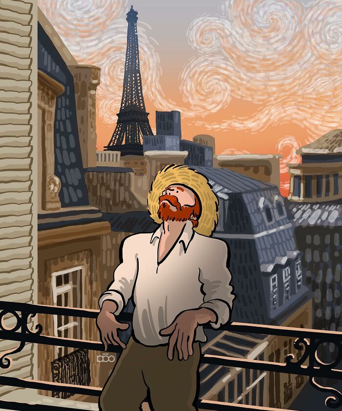 Vincent van Gogh inspired illustration of a man with a straw hat, standing on a Parisian balcony with Eiffel Tower.