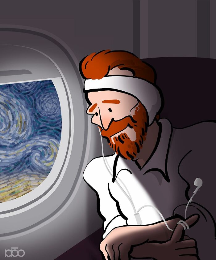 Illustration of an artist inspired by Vincent van Gogh, gazing out an airplane window with swirling colors reminiscent of Starry Night.