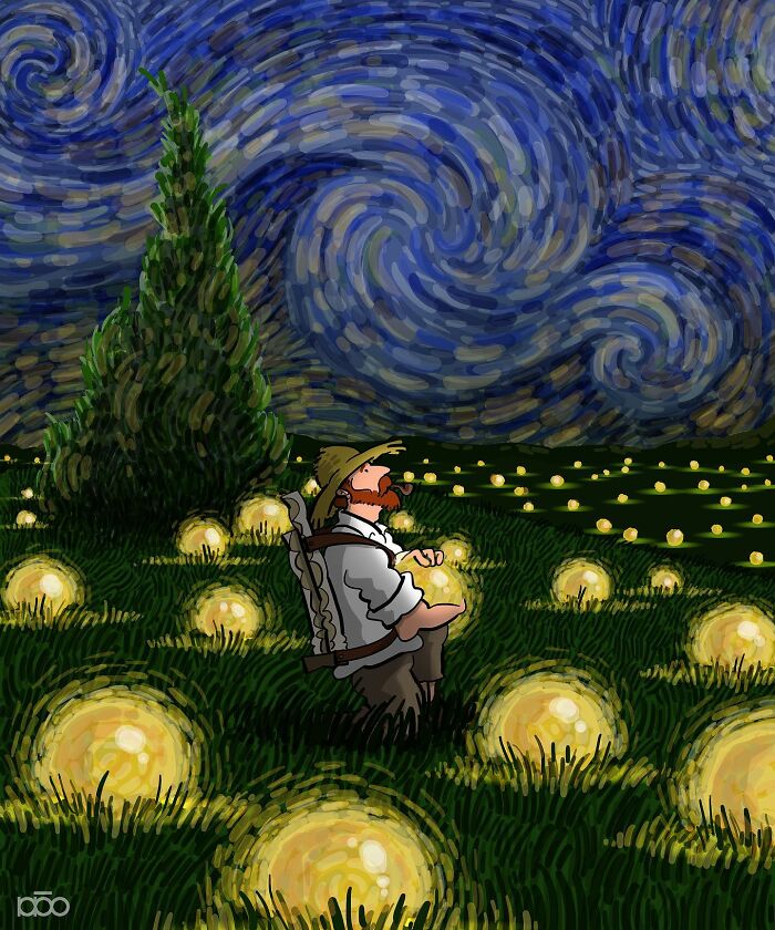 Illustration of an artist inspired by Vincent van Gogh, sitting amidst glowing orbs under a swirling night sky.