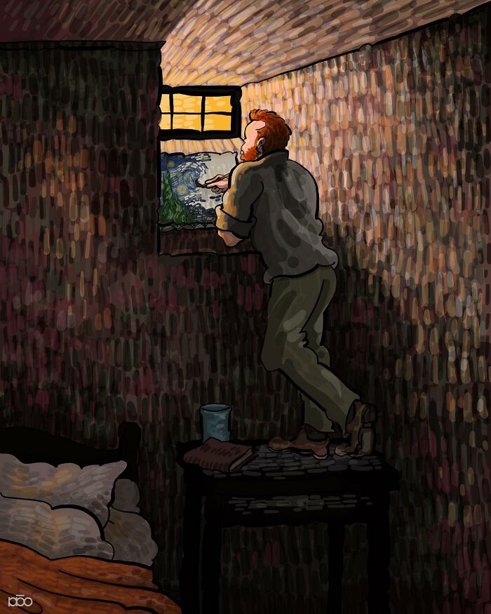 Illustration of an artist inside a room, looking out a window, inspired by Vincent van Gogh's style.