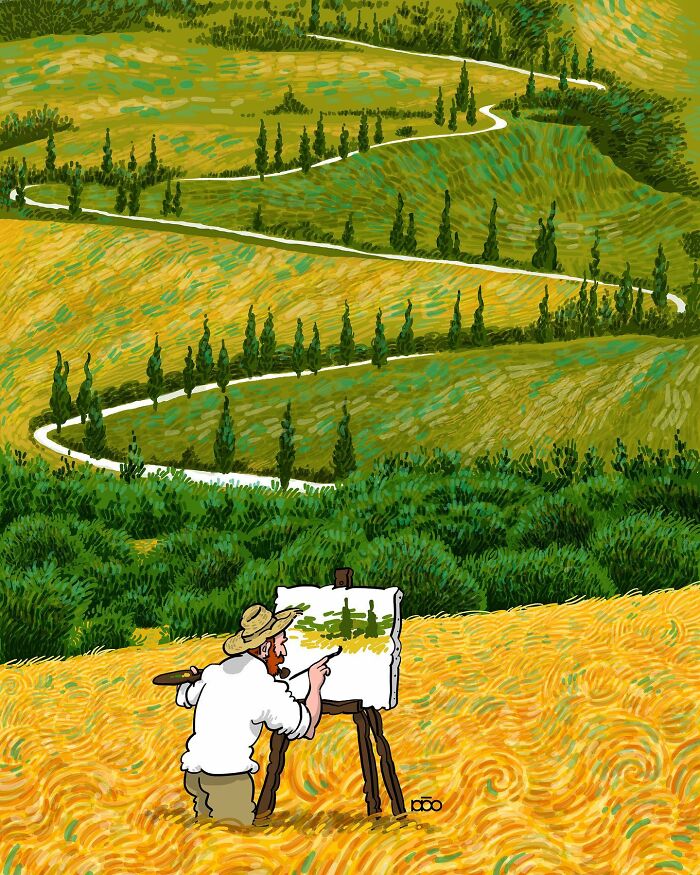 Artist creating a colorful illustration inspired by Vincent van Gogh's vibrant landscape, featuring swirling fields and trees.