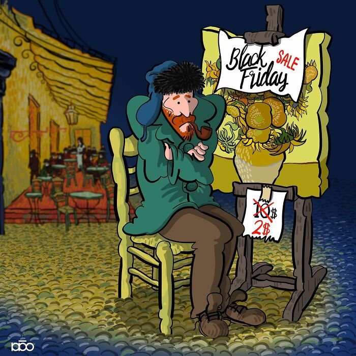 Illustration of Vincent van Gogh, with a painting and Black Friday sale signs.