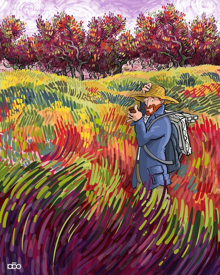 Illustration of an artist inspired by Vincent van Gogh, standing in a vibrant, colorful field with swirling patterns.