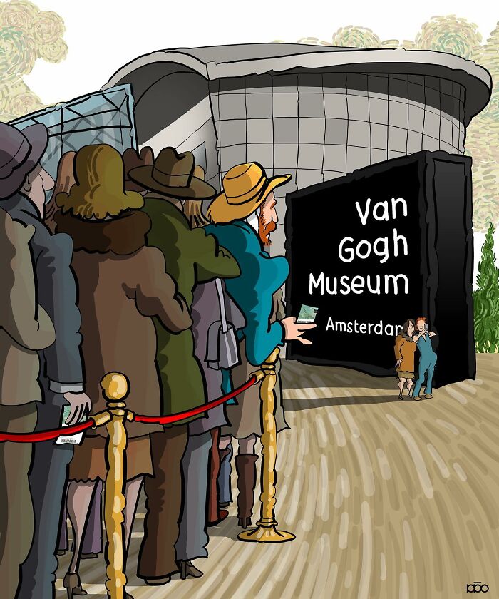 Visitors line up at the Van Gogh Museum in Amsterdam depicted in colorful illustration.