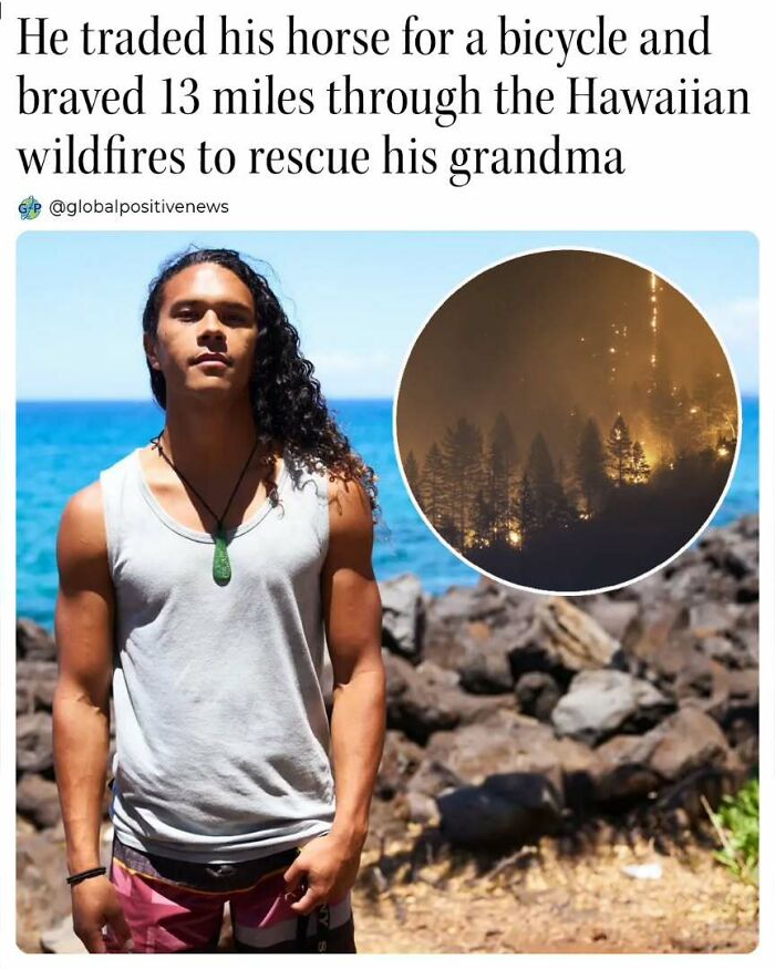 Man standing by the ocean, inset of forest fire; uplifting story of bravery during Hawaiian wildfires.