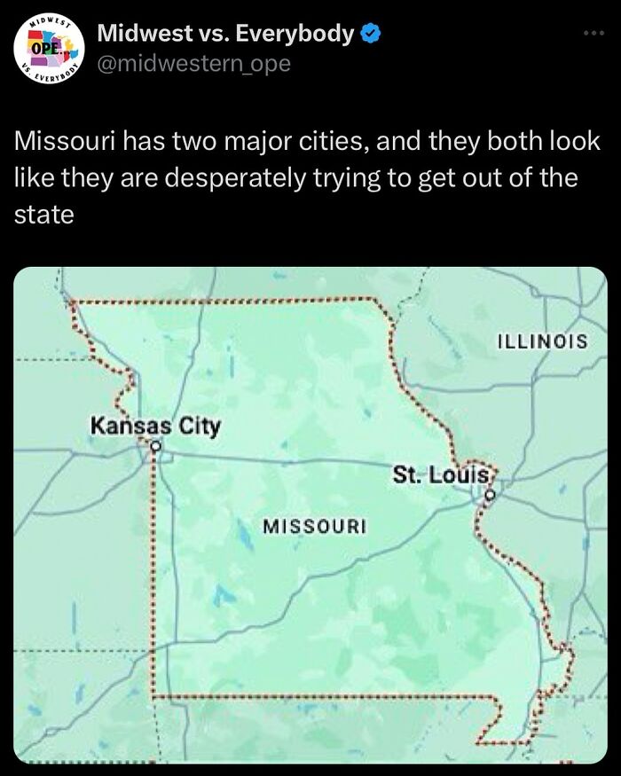 Map showing Missouri's major cities, Kansas City and St. Louis, near state borders. Highlights Midwest uniqueness.