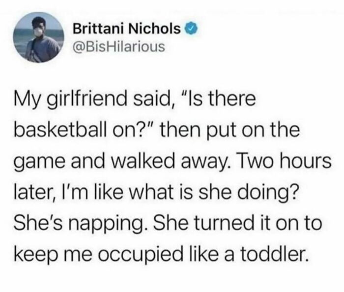 Tweet from Brittani Nichols joking about using basketball to keep someone occupied.