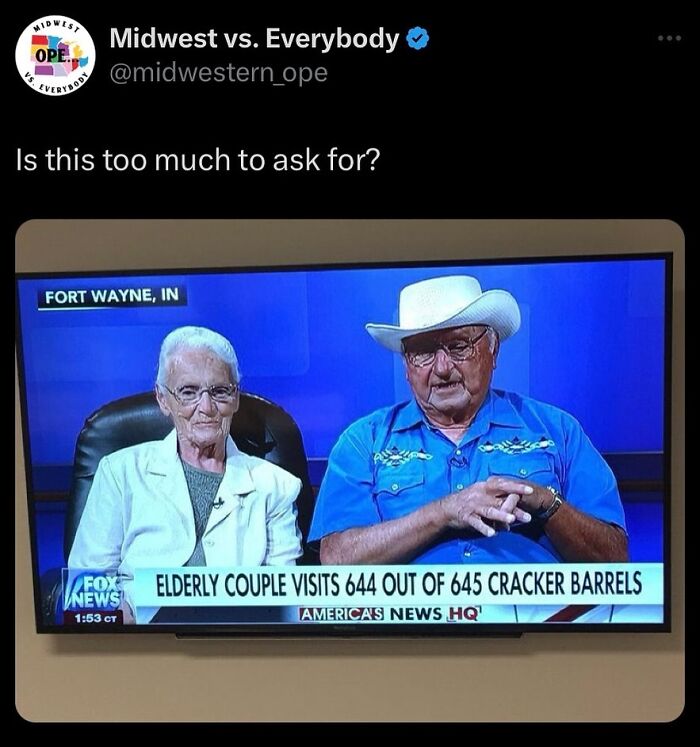 Elderly couple visits 644 Cracker Barrels, shown on a Midwest news segment in Fort Wayne, IN.