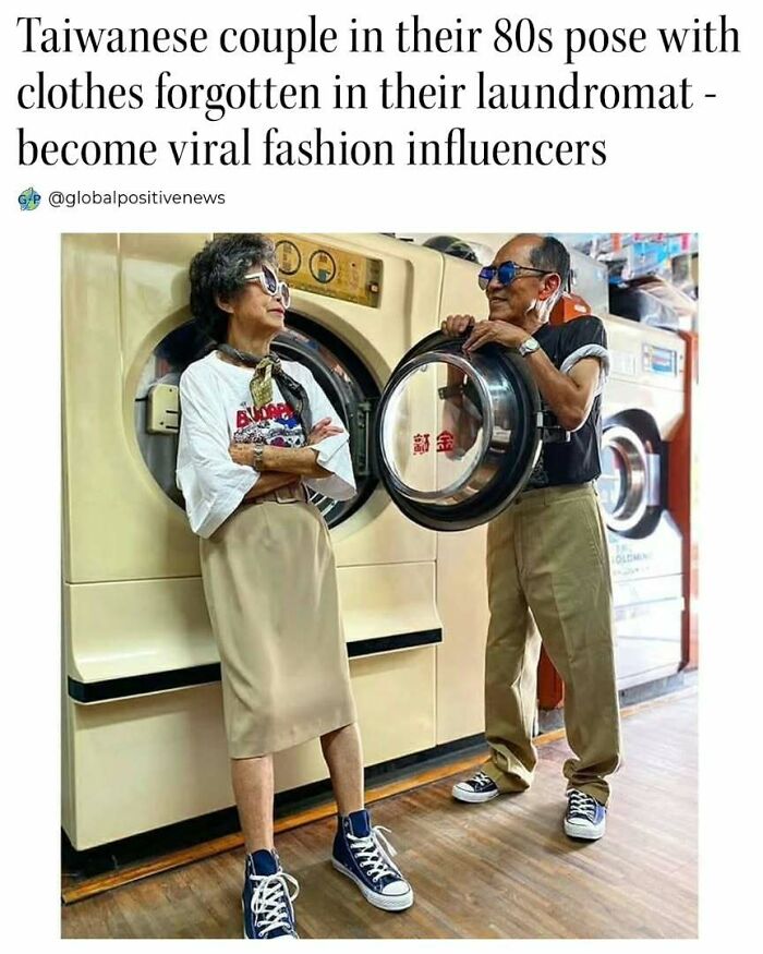 Elderly couple posing stylishly in a laundromat, sparking an uplifting viral trend as fashion influencers.