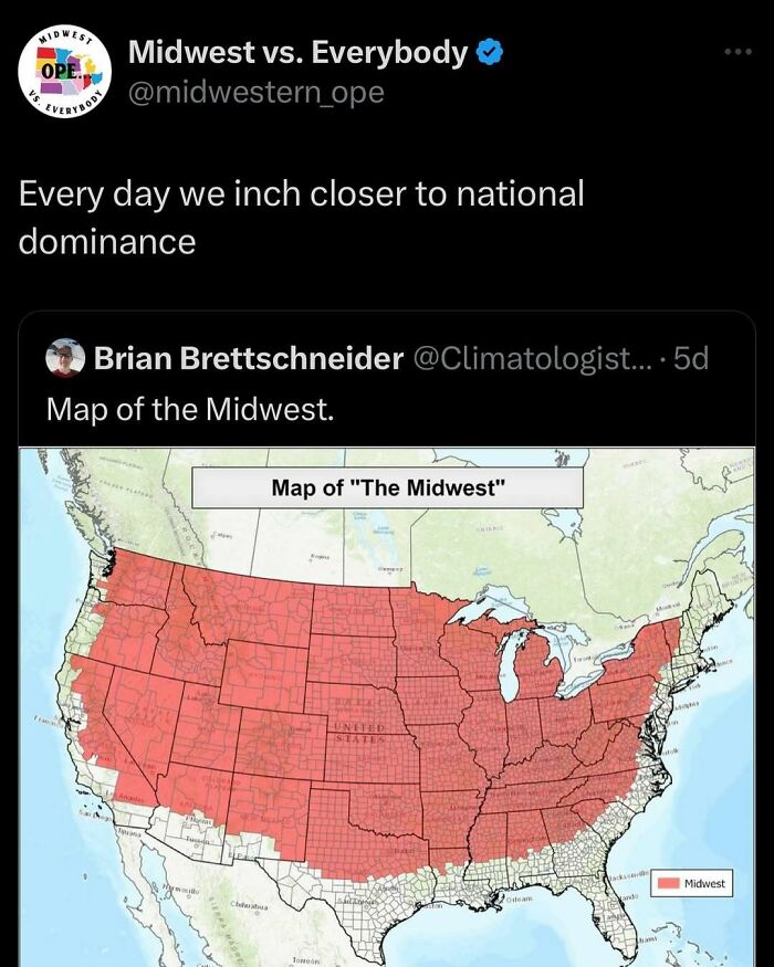 Map humorously expanding the Midwest region, showing it covering much of the U.S., highlighting cultural differences.