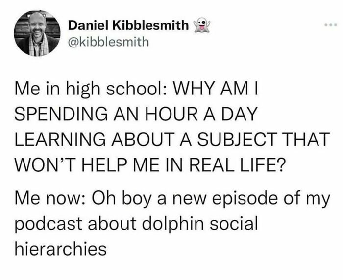 Hilarious tweet about learning priorities changing from school education to podcast on dolphin hierarchies.