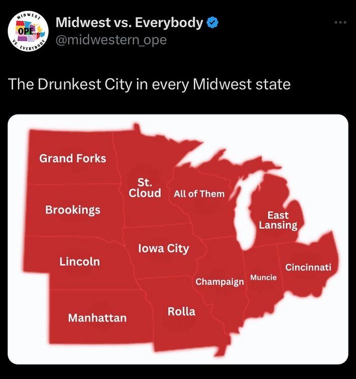 Map showing the drunkest city in each Midwest state, with cities like Grand Forks, Rolla, and Cincinnati highlighted.