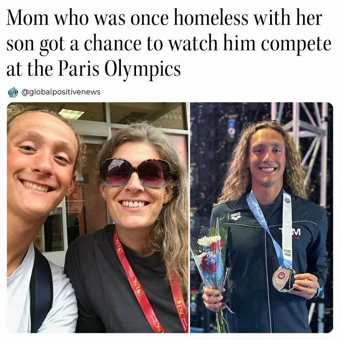 Mom smiles with her son at the Paris Olympics, holding his medal and flowers, embodying uplifting stories of perseverance.