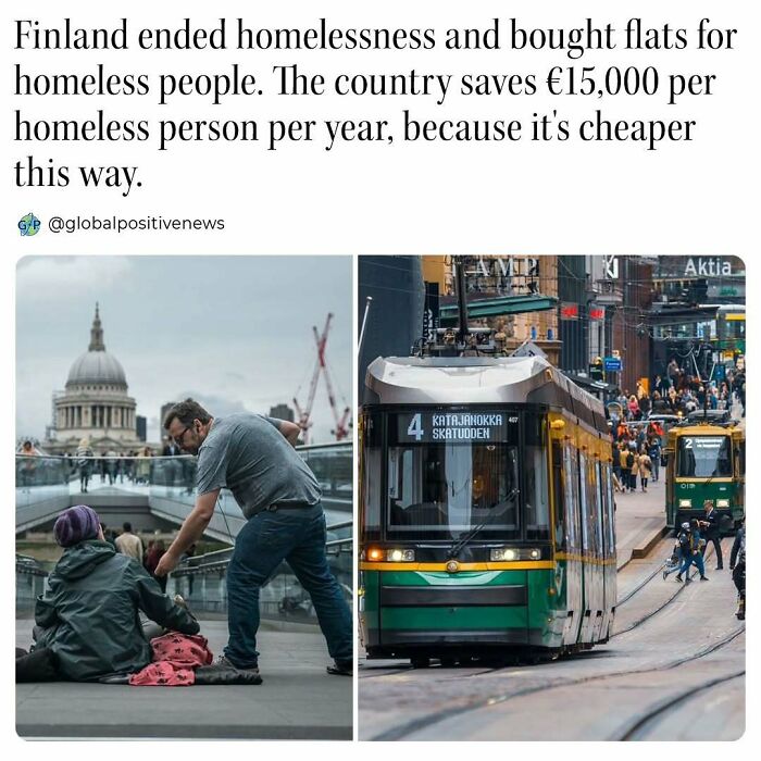 Uplifting stories: Finland reduces homelessness with supportive housing, featuring a busy streetcar scene.