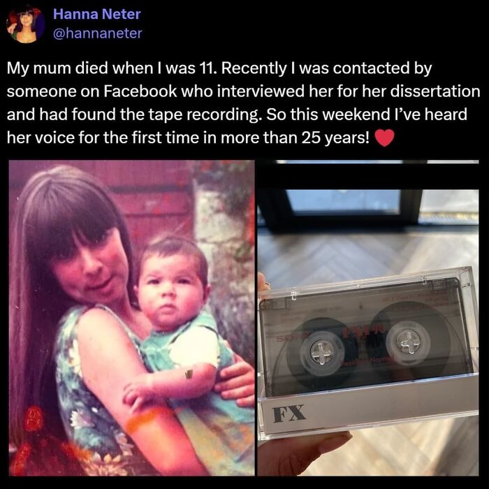 A vintage photo of a mother holding a baby next to a cassette tape, representing uplifting stories and cherished memories.