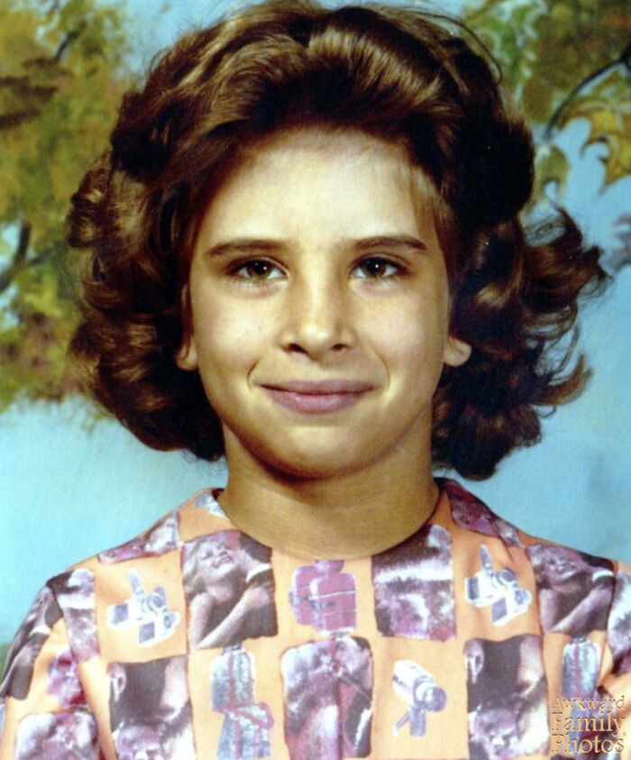 “My Grandmother, Bless Her Heart, Made This Dress For Me By Hand. However, She Never Noticed The Fabric She Was Sewing Was Covered With Pictures Of A Couple Making Out. She Then Rolled My Hair And Sent Me To School…on Picture Day.”