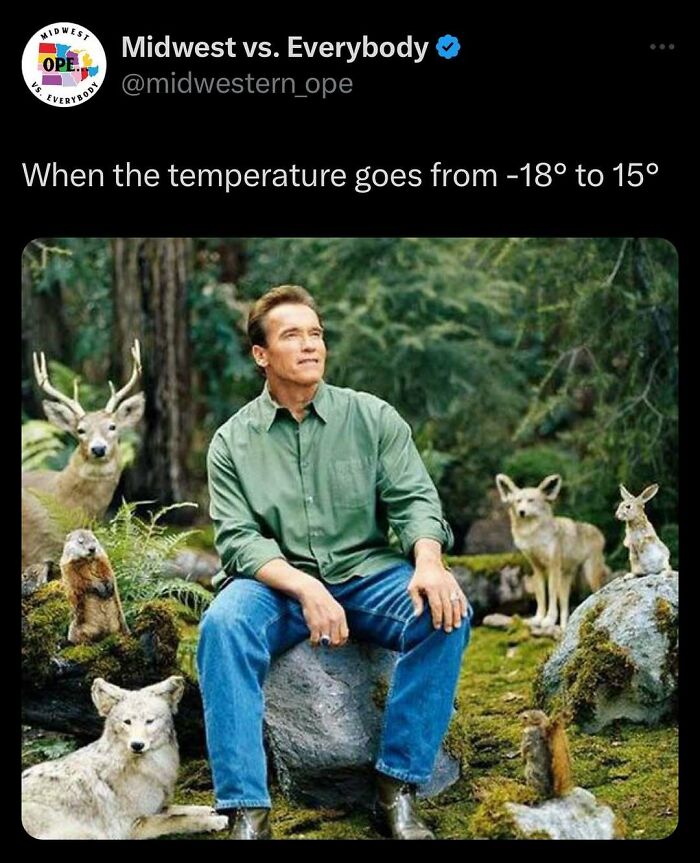 Man sitting in a forest surrounded by wildlife, illustrating Midwest weather transition from -18° to 15°.