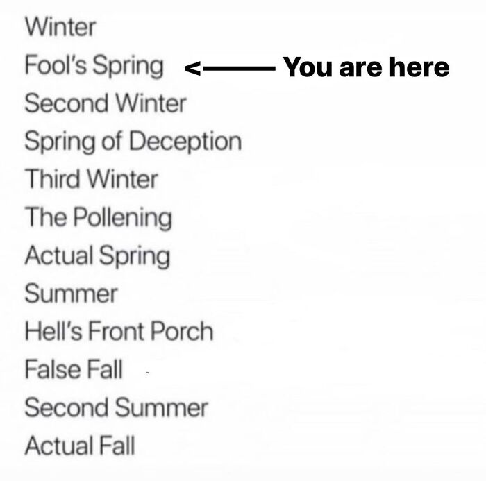 A humorous chart of Midwest seasons, highlighting "Fool's Spring."