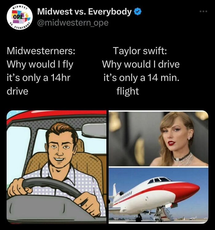 Comparison meme showing Midwestern driving habits versus flying preferences.